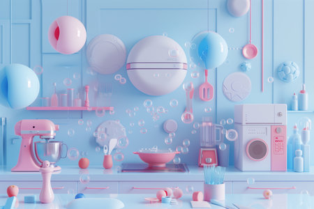 Abstract playful kitchen interior Modern Geometric Design Elements with pastel color. Creating a Fun and Vibrant Scene.の素材