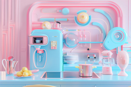 Abstract playful kitchen interior Modern Geometric Design Elements with pastel color. Creating a Fun and Vibrant Scene.の素材
