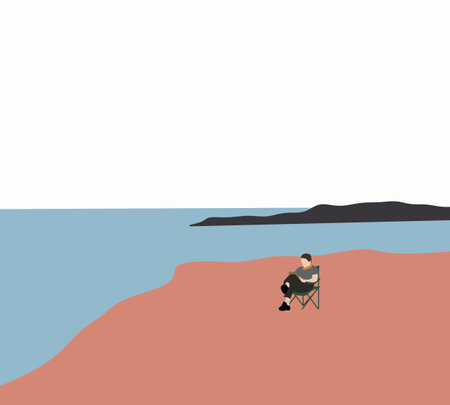 Man sitting on camping chair looking at lake view with mountain. Relax on holiday vacation in nature. Minimal design.のイラスト素材