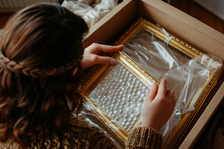 Woman wrapping picture frame in bubble wrap before placing it in a box. Home decoration package shipping and delivery. Emphasizing the careful handling of delicate belongingsの素材