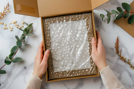 Woman wrapping picture frame in bubble wrap before placing it in a box. Home decoration package shipping and delivery. Emphasizing the careful handling of delicate belongingsの素材