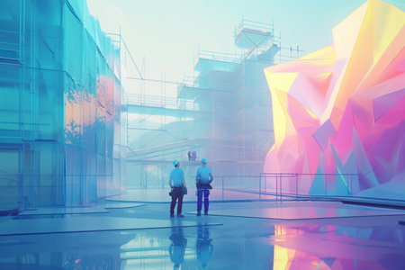 Engineer construction worker using futuristic holographic technology Innovation in the engineering field represented Building with Infographics. Engineers, architect peopleの素材