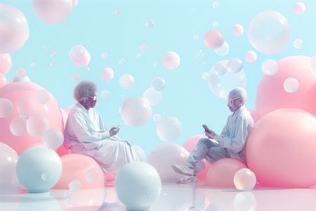 Senior man and woman playing smartphone in abstract surreal background surrounded by sphere geometry. Minimalism art design.の素材