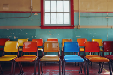 Empty classroom interior with school colorful desks  and chairs at elementary school. Back to school concept.の素材