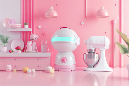 Futuristic abstract minimalist kitchen in pink color interior with robot and food mixer on counter. Smart modern home funny design.の素材