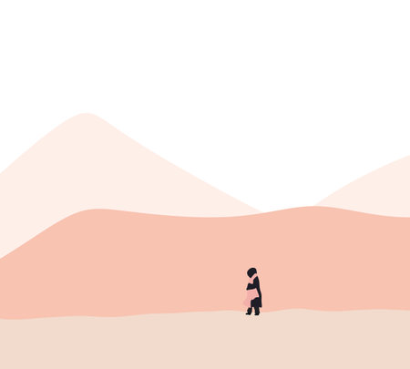 Woman in black cloth with pink scarf walking in mountain landscape background. Winter season. Minimal nature art design.のイラスト素材