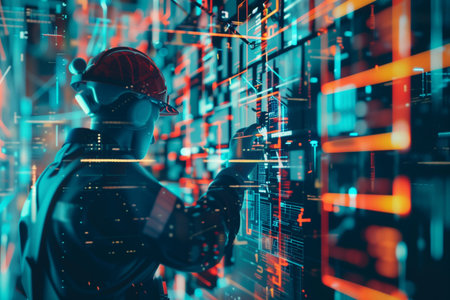 Engineer working on holographic data visualizations industry control advanced machine. Industrial...