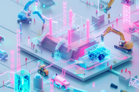 Futuristic yellow backhoe working on vibrant holographic digital urban development with heavy machine and scaffolding. Technology innovation development smart city.の写真素材