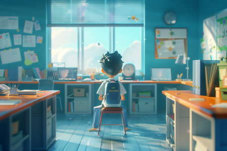 Cartoon boy with backpack sitting and looking out through window in morning modern classroom. Back to school.の写真素材