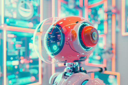 Futuristic Robot analyzing and monitoring data in control center sever room with AI interfaces. Advanced technology.の写真素材
