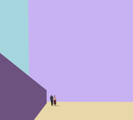 Senior couple walking on street minimal modern art architecture building. Active lifestyle, outdoor leisure activity.のイラスト素材