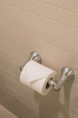 Toilet tissue paper in holder on tiled wall in bathroom. Modern restroom interior detail.の写真素材