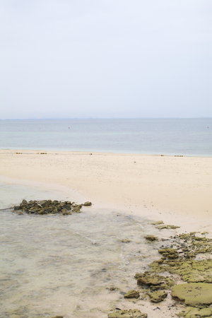 Tropical rocky beach paradise. Summer vacation and summer holiday. Natural texture background.の写真素材
