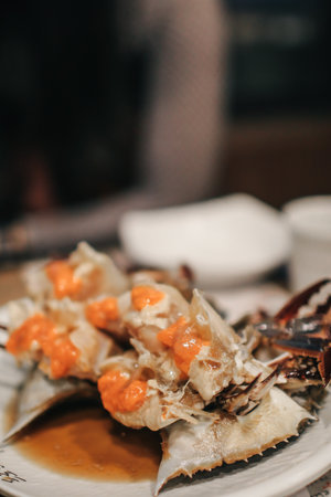 Raw crabs marinated in soy sauce with Chili Garnish  (Ganjang Gejang). Korean traditional food.の写真素材