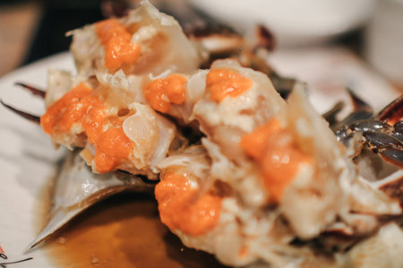 Raw crabs marinated in soy sauce with Chili Garnish  (Ganjang Gejang). Korean traditional food.の写真素材