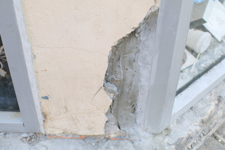 Old street building wall with cracked cement brick wall inside plaster and cracks on the uneven...