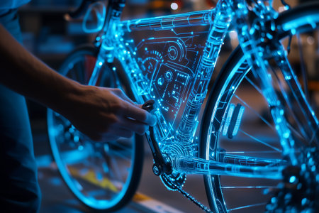 Mechanic maintenance electronic bicycle with Artificial Intelligence program digital blue neural connection lines.の素材