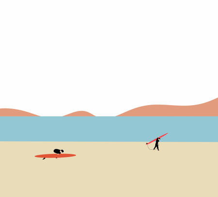 Surfer in wetsuit enjoying with his surfboard on the beach. Summer water sport or extreme workout.のイラスト素材