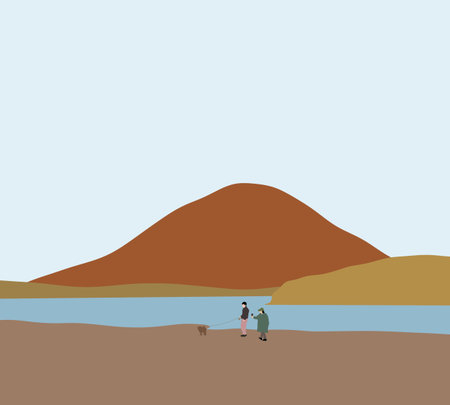 People play with dog on the beach. Spending the day on holiday summer vacation. Nature landscape.のイラスト素材