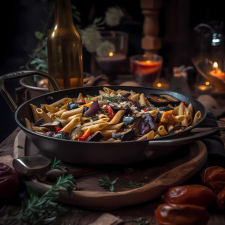 pasta with eggplant, pepper and tomato on a wooden tableの素材