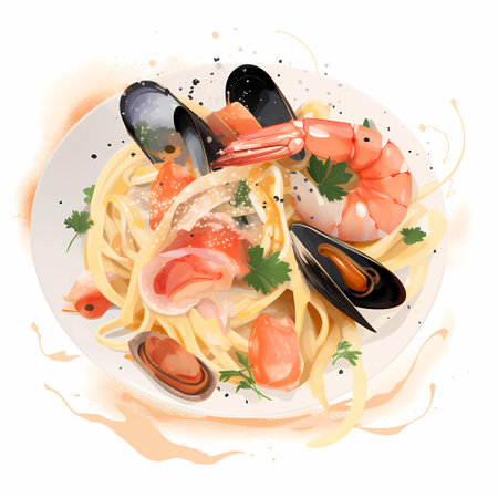 Spaghetti with shrimps and mussels. vector illustration.の素材