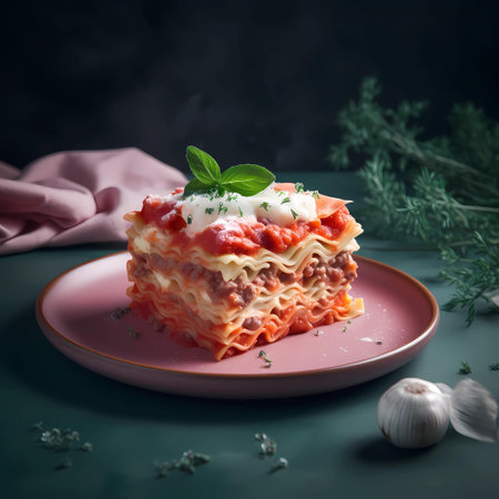 Traditional Italian lasagna with minced meat, tomato sauce and parmesan cheeseの素材