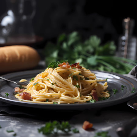 Spaghetti Carbonara with bacon, parmesan cheese and parsleyの素材