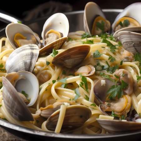 Seafood pasta with clams and parsley in a bowlの素材