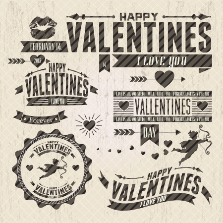 Valentine`s Day vintage design elements  with ornaments, hearts, ribbon, のイラスト素材