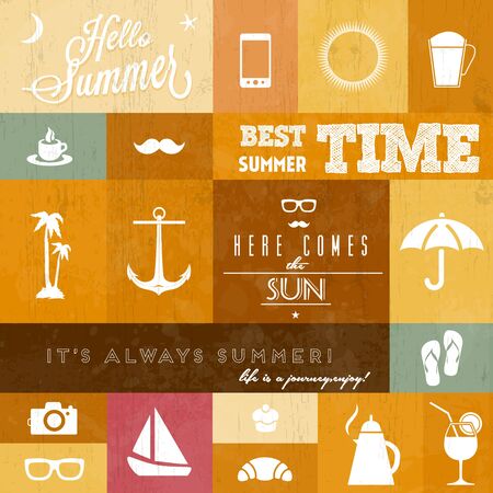 Summer icons   whith creative typographic message for summer   retro color versionのイラスト素材