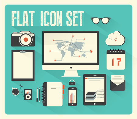 Flat icon set for Web and Mobile Application with long shadowのイラスト素材