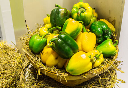 Wicker basket full of sweet green, yellow and red bell peppers .の写真素材