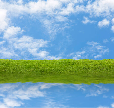 green grass and sky reflected in water.の写真素材