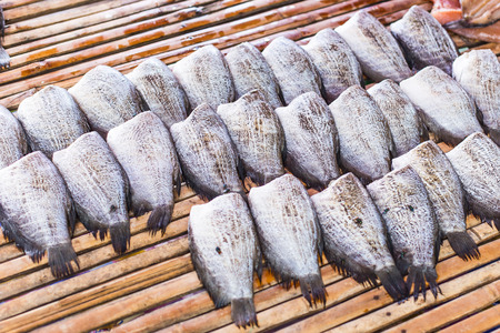 Dried fishs of local food at open market.の写真素材