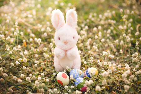 Sugar rabbit and easter eggs on meadowの写真素材