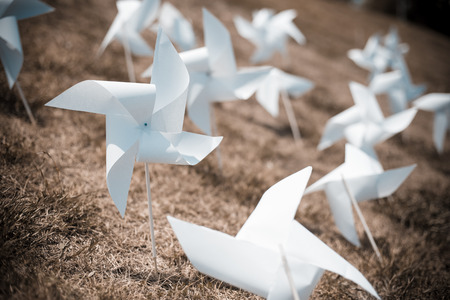 paper windmill in green grass field.の写真素材