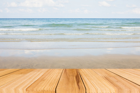 Selected focus Empty wooden deck table over sea background.の写真素材