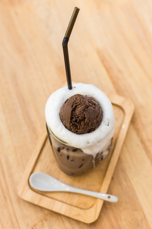 Glass of ice chocolate with chocolate and ice cream.の写真素材