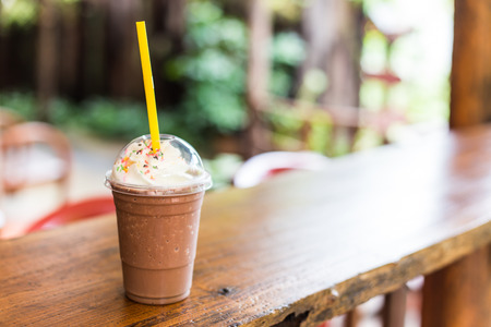 Ice chocolate flappe on a tableの写真素材
