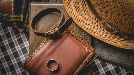 still life photography : Brown leather wallet, Leather wristbands, silver ring and adventure hat on...