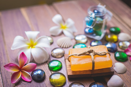 Spa, Handmade soap on wooden tableの写真素材