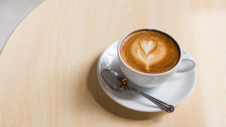 Hot art Latte Coffee in a cup on wooden table.
