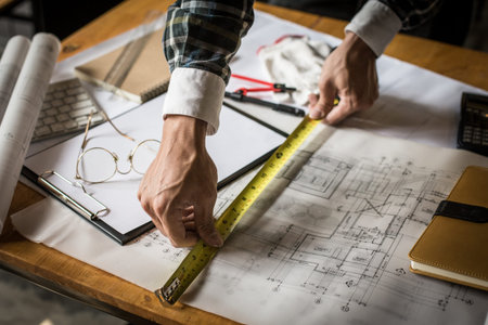 Creative architect projecting on the big drawings in the dark loft office or cafe with dark and...