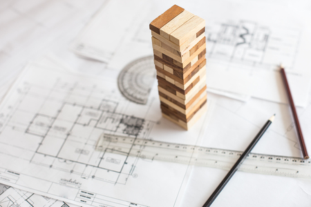 blueprint wooden block  tower, Planning, risk and strategy in business or architectural projectの写真素材