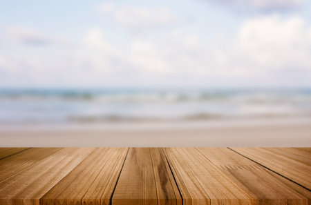 Selected focus empty brown wooden table on the tropical sea beach  and sunny day and space for...
