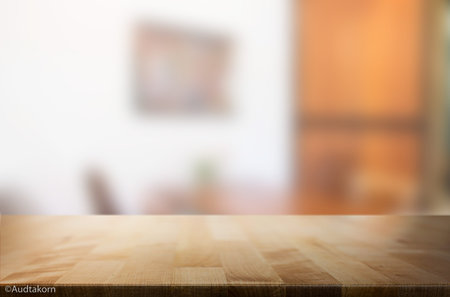 Selected focus empty brown wooden table and Coffee shop blur background with bokeh image, for...
