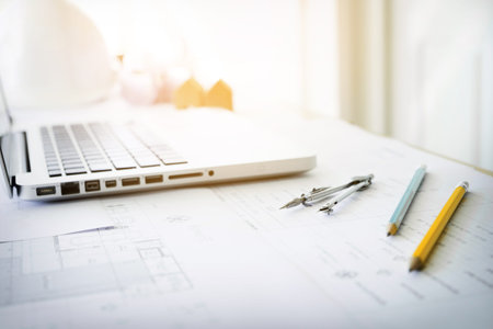 Construction equipment. Repair work. Drawings for building Architectural project, blueprint rolls...
