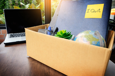 office cardboard box .employee dismissed from office, resignation concept.の写真素材