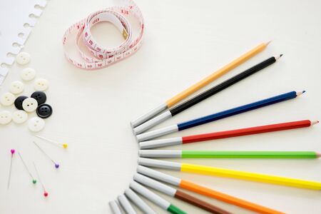 closup of Fashion designer workplace with fashion sktech desktopの写真素材