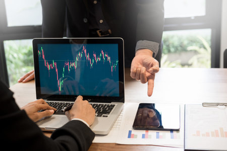 Finance trade manager showing reports screen analysis finance currency data on stock trade graph on...